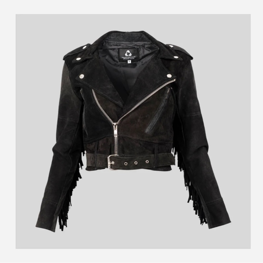 Pelechecoco free people Vintage Cropped Suede Fringe Leather Moto Jacket